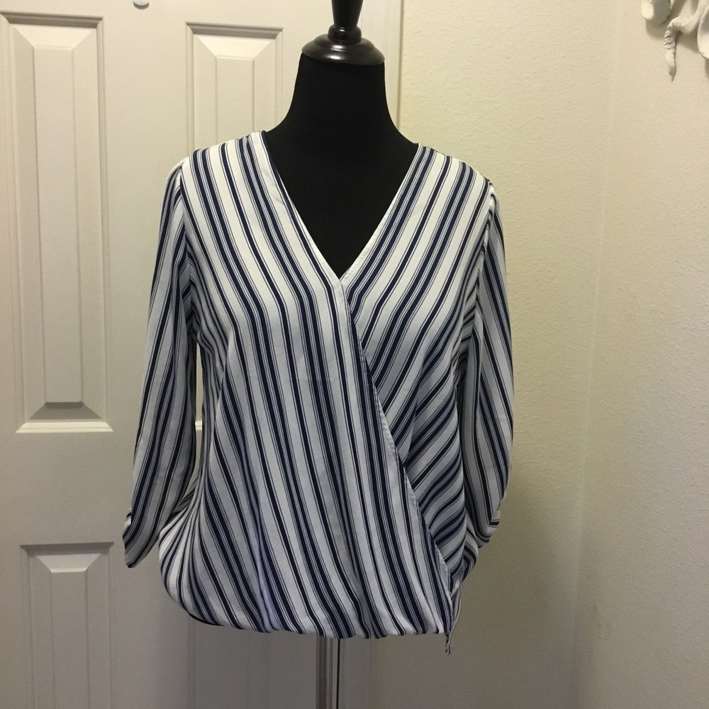 Blue and White Striped Faux Wrap Top